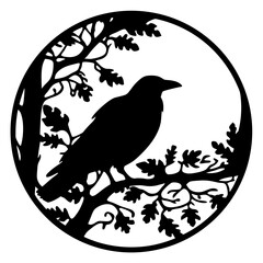 Fototapeta premium A majestic black raven perched on oak branches in a circle design