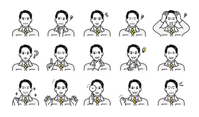 シニア世代の男性作業員の様々な表情アイコンセット