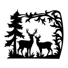 Silhouette of Deer in the Woods with Tree Branches and Leaves