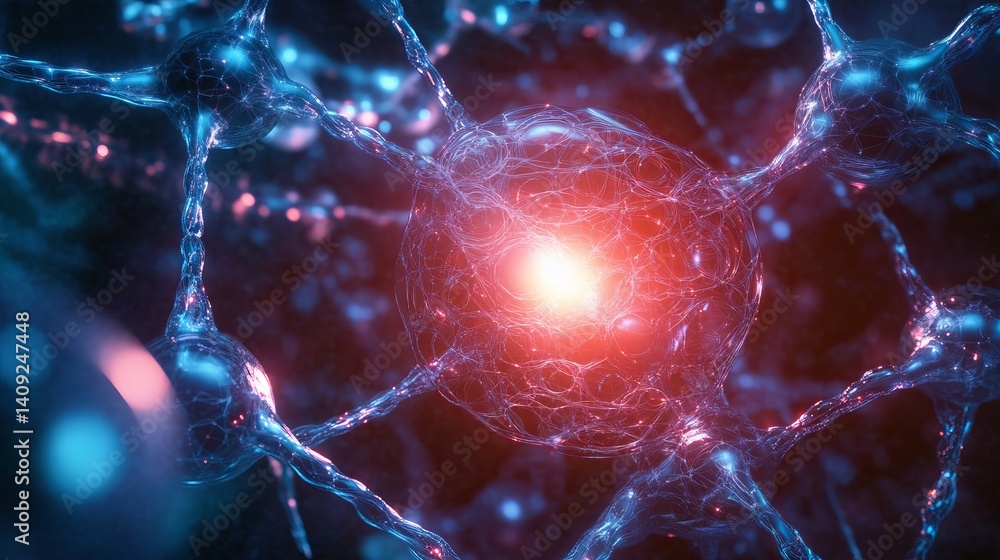 Poster abstract neural network connections red blue glowing science technology cell brain cells light nodes