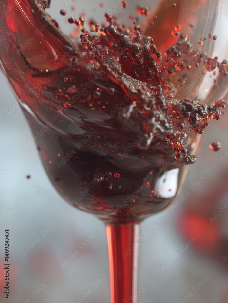 Poster dynamic close up of red wine splash in elegant glass capturing motion and vibrant color on neutral b