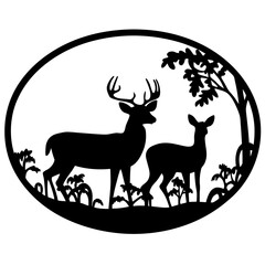 Elegant Silhouette of Two Deer Grazing Beneath a Tree in Oval Frame