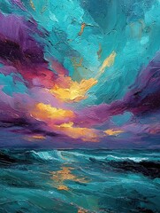 Abstract painting of a colorful sky over water with reflections and wave-like textures.