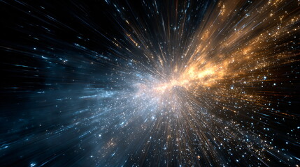 Fototapeta premium Hyperjump through hyperspace, burst in outer space, light speed, abstract cosmic burst with blue, golden and red shining particles for digital art, poster and science.