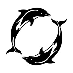 Stylized yin and yang symbol made with two sleek black dolphins