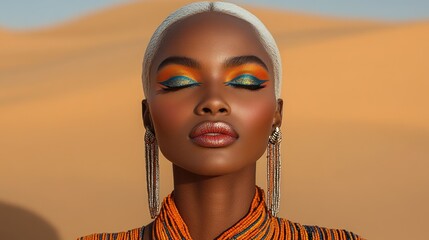African woman with vibrant makeup in desert setting