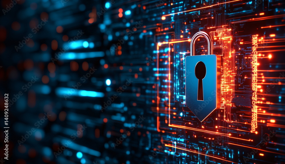 Poster digital cybersecurity padlock on tech circuit board. cyber data protection concept and blockchain ne