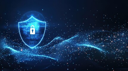 Digital security concept with glowing shield and lock on abstract binary wave background
