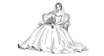 Fototapeta premium Bride sitting gracefully on a vintage chair in elegant attire 
