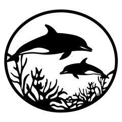 Silhouette of Dolphins Swimming in the Ocean with Coral Reef in Circle