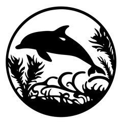 Silhouette Dolphin Leaping Through Seaweed Circle Art for Ocean Lovers
