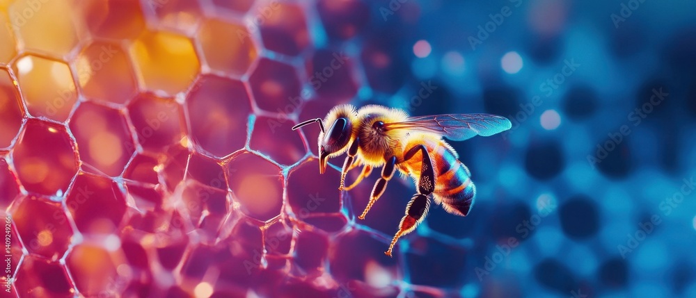 Poster honeybee perched on honeycomb structure with vibrant colors and captivating detail macro photography