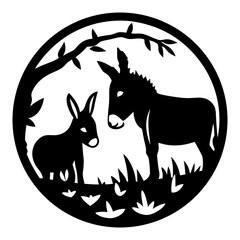 Silhouette illustration of a mother donkey and her foal in nature