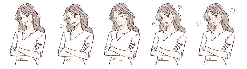 腕を組む・悩み・考える・迷い・怒りを表現する女性の表情５点イラストセット