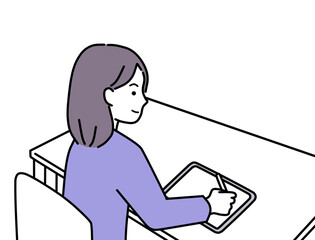 タブレットPCにタッチペンを使って勉強する女性
