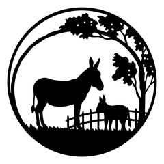 Silhouette image of a mother donkey and baby in round frame