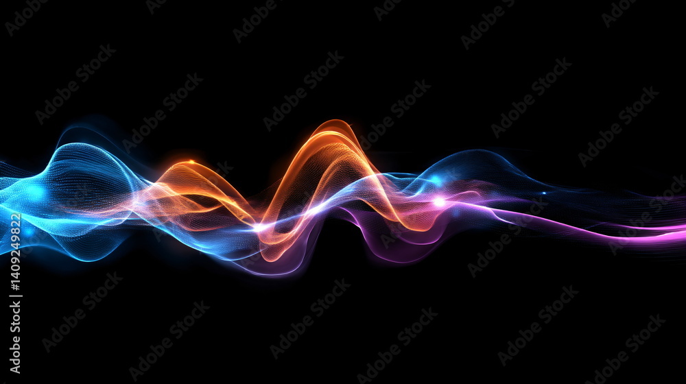 Poster abstract multicolored wave pattern on black backdrop, vibrant energy flowing visualization for scien