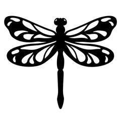 Simple yet striking silhouette of a black dragonfly with ornate wings