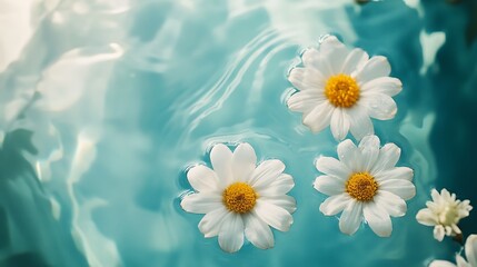 Floating White Daisies With Yellow Centers On Calm Turquoise Water Surface