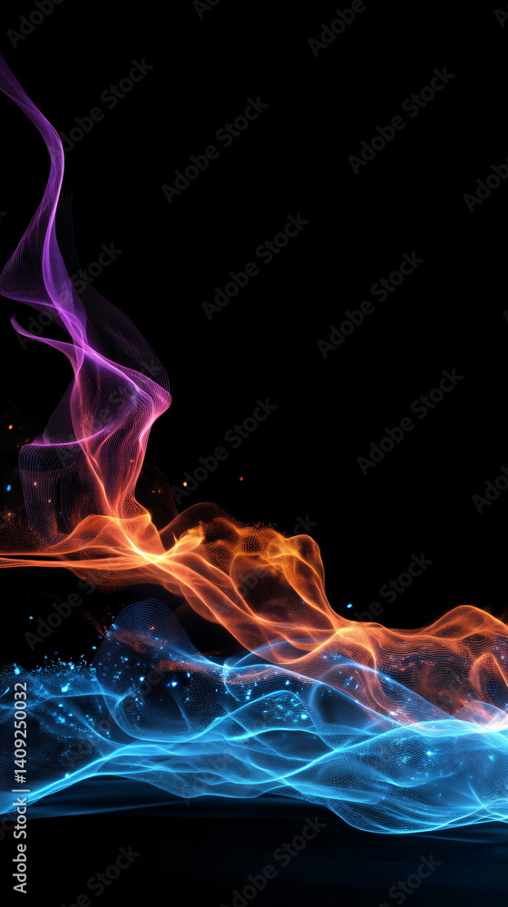 Poster data stream visualization with flowing colorful energy waves on a black background for scientific pr
