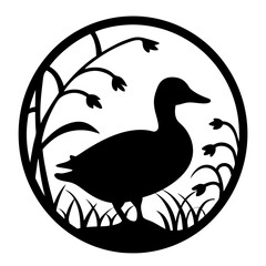 Elegant Duck Silhouette in Circular Frame with Wetland Habitat Details