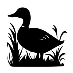 Black Silhouette of Duck Standing Amongst Grass in Wetland Habitat Illustration