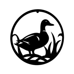 Elegant circular design featuring a black silhouette of a duck standing in reeds