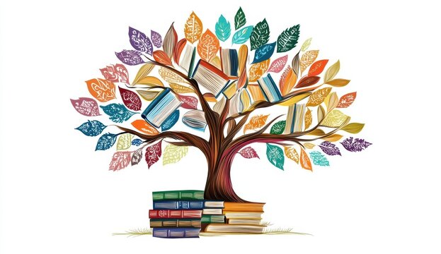 Colorful tree adorned with books as leaves, a stack of books at its base