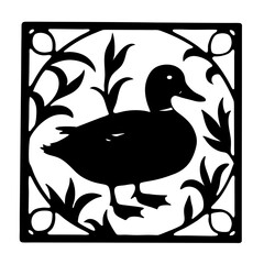 Stylized Black Duck Silhouette within a Decorative Square Floral Border Design