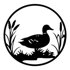 Elegant Circle with Black Duck Silhouette in Marshland Scene Design