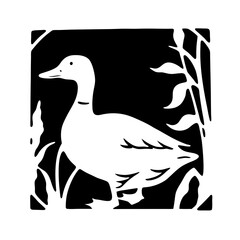 Black and white stencil style image of a duck in nature