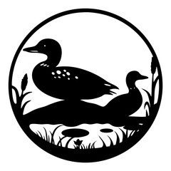 Silhouette of two Loons with aquatic Plants in a Circular Frame