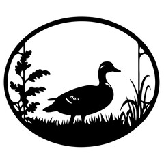 Silhouette of a Duck in an Oval Frame with Foliage Details