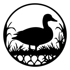 Elegant Silhouette of a Duck Surrounded by Nature in a Circular Frame