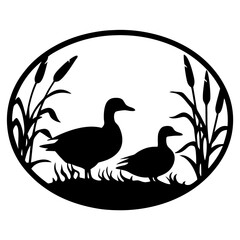 Elegant silhouette design of two ducks in a pond landscape scene