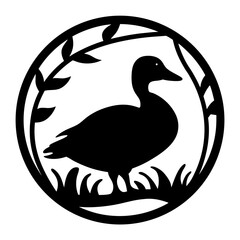 Stylized Black Duck Silhouette with Botanical Circle Frame Illustration Art