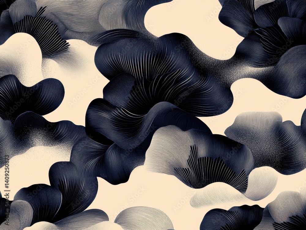 Poster abstract flowing shapes in navy and cream creating a seamless organic pattern with intricate line wo