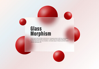 Glass morphism website landing page template. Light gradient background with a divider or border and floating red spheres.