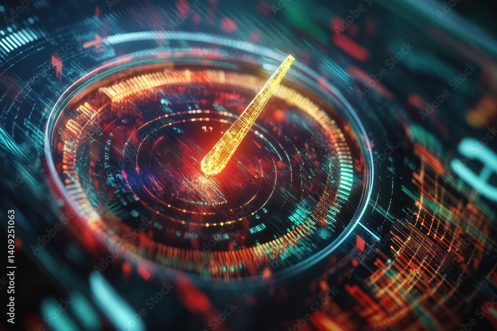 Poster digital speedometer: futuristic digital speedometer with vibrant glowing needle pointing towards hig