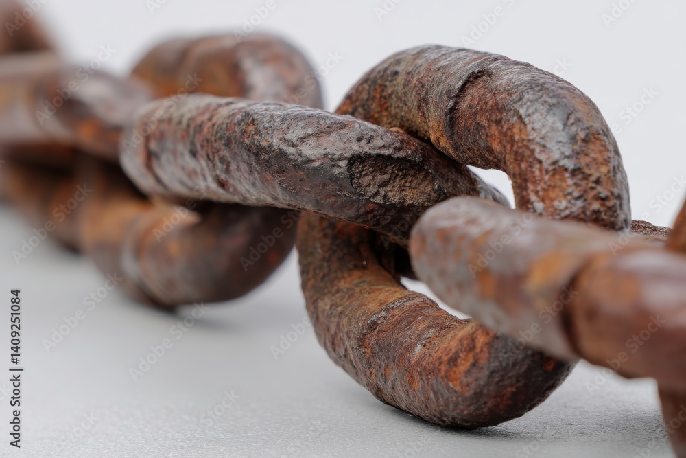 Poster close up on weathered metal chain links showcasing rust and texture on a neutral background evoking 