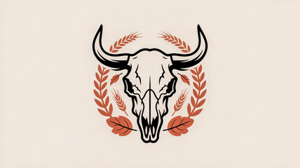 Bull skull logo with fall leaves and wheat, rustic western style, monochrome with burnt orange accents