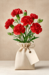 bouquet of red carnations in linen bag with a blank tag