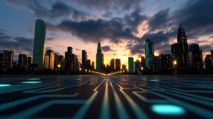 Obraz premium Futuristic city pathway at sunset