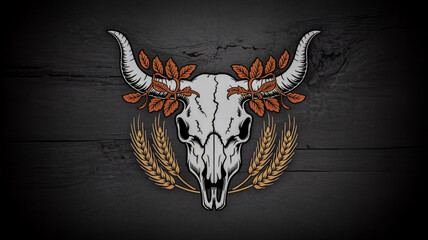 Bull skull logo with fall leaves and wheat, rustic western style, monochrome with burnt orange accents