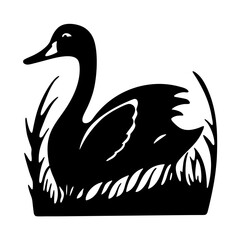 Black and White Silhouette Illustration of a Duck in Grass, Vector Style
