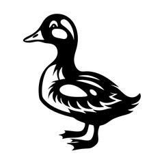 Black and white cartoon illustration of a stylized duck in profile