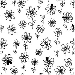 Doodle Flower Garden Seamless Monochrome Pattern