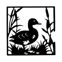 Stylized Black and White Duck Silhouette in a Wetland Habitat Setting