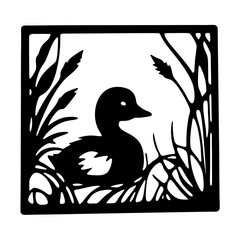 Serene Duck Silhouette Amidst Aquatic Vegetation in a Square Border Design