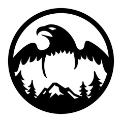 Monochrome illustration of an eagle soaring above the mountains and trees in a circle